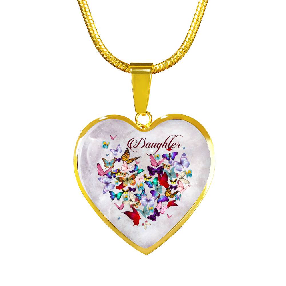 Colorful Butterfly Daughter Heart Pendant Necklace - Daughter Gift Necklace - Heart Luxury Necklace (Gold Plated)