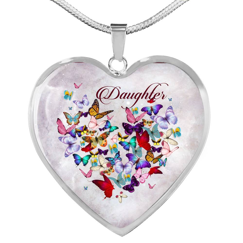 Colorful Butterfly Daughter Heart Pendant Necklace - Daughter Gift Necklace - Heart Luxury Necklace (Silver)