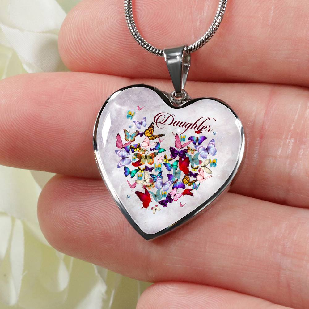 Colorful Butterfly Daughter Heart Pendant Necklace - Daughter Gift Necklace - Heart Luxury Necklace (Silver)