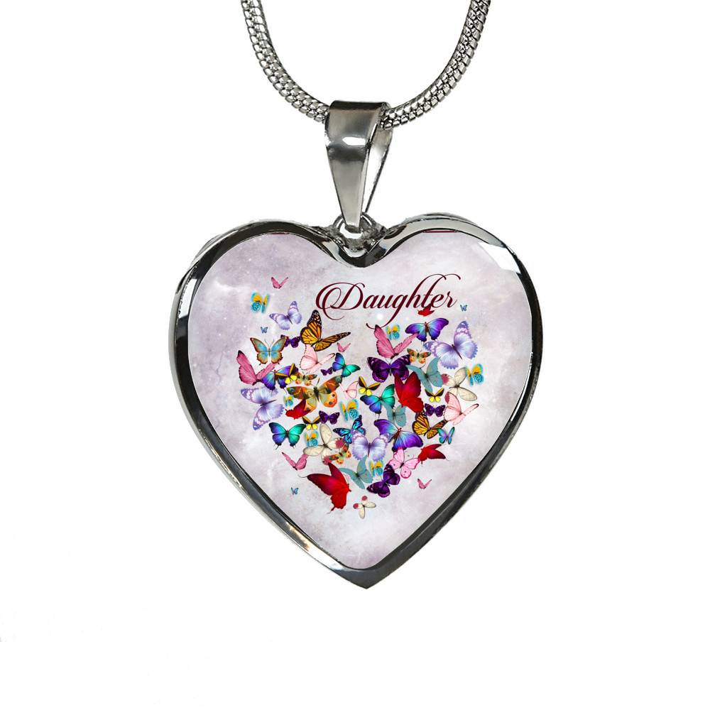 Colorful Butterfly Daughter Heart Pendant Necklace - Daughter Gift Necklace - Heart Luxury Necklace (Silver)