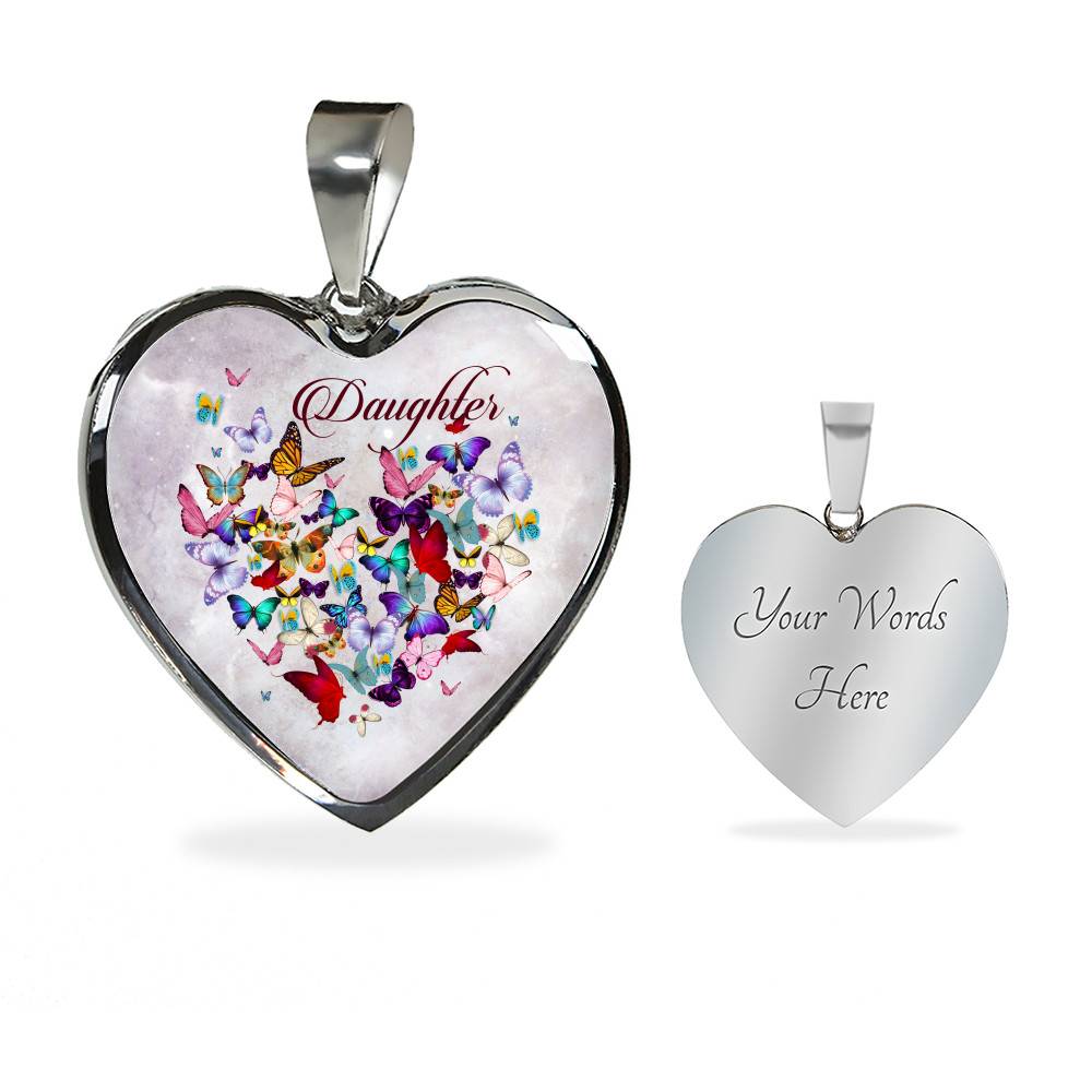 Colorful Butterfly Daughter Heart Pendant Necklace - Daughter Gift Necklace - Heart Luxury Necklace (Silver)