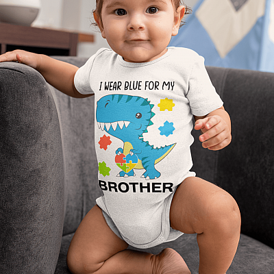 Alternative view of I Wear-Blue For My Brother Autism Awareness Dinosaur Baby Onesie - Baby Infant Bodysuit