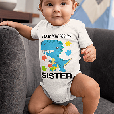 Alternative view of I Wear-Blue For My Sister Autism Awareness Dinosaur Baby Onesie - Baby Infant Bodysuit