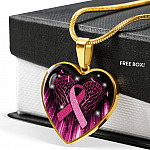 Breast Cancer Awareness Ribbon with Angel Wings Heart Pendant Necklace - Breast Cancer Survivor Pendant Necklace - Heart Luxury Necklace (Gold Plated)