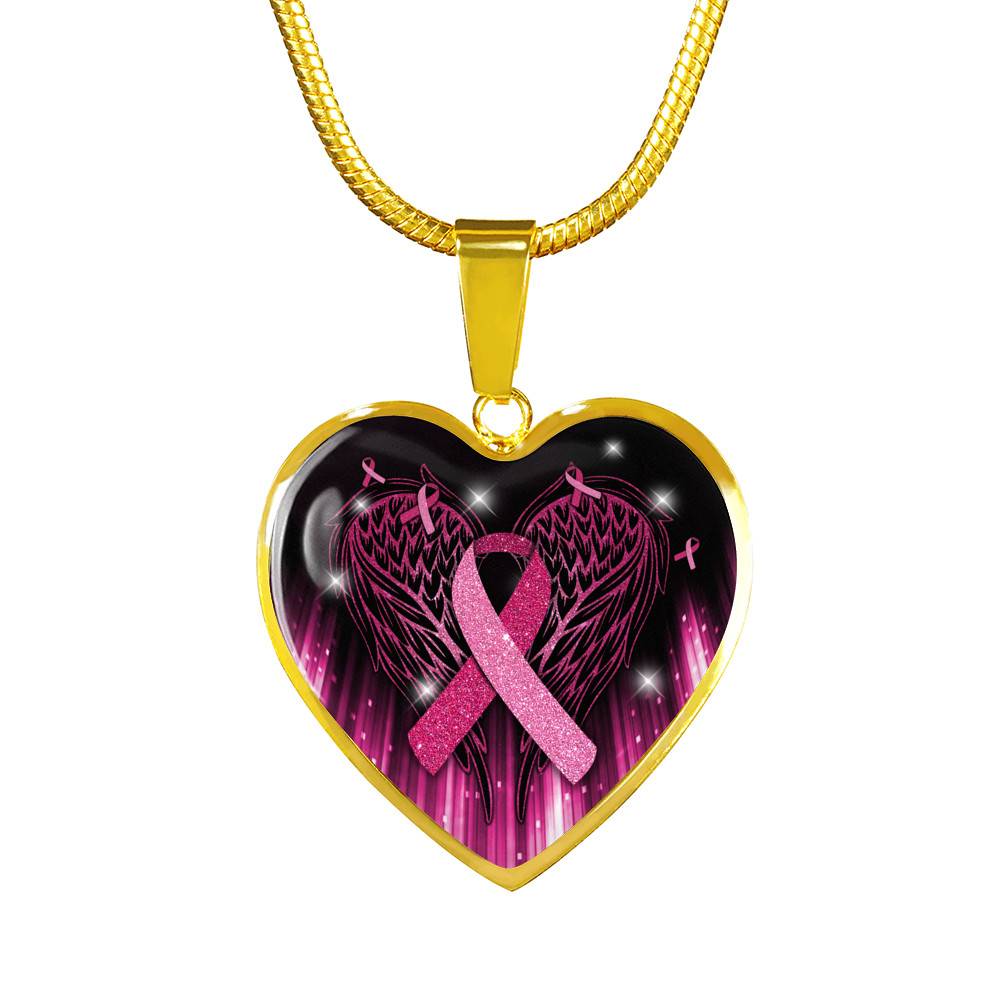 Breast Cancer Awareness Ribbon with Angel Wings Heart Pendant Necklace - Breast Cancer Survivor Pendant Necklace - Heart Luxury Necklace (Gold Plated)