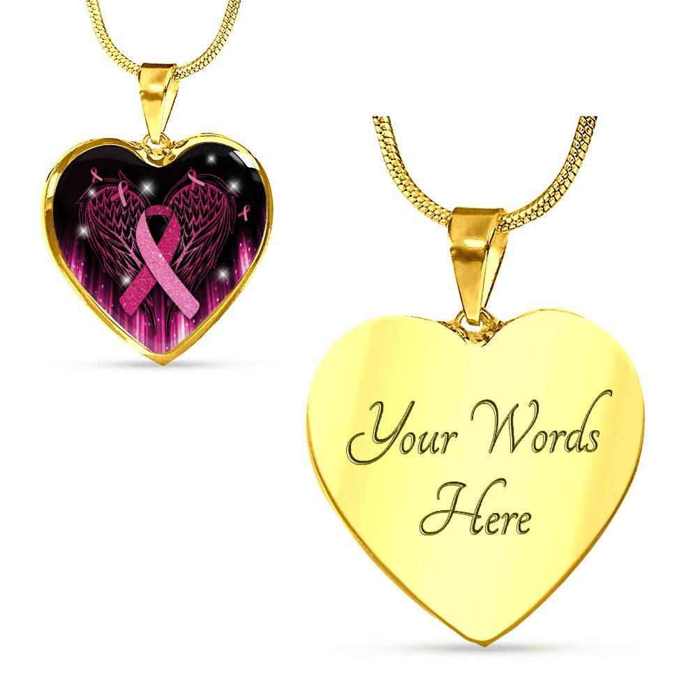 Breast Cancer Awareness Ribbon with Angel Wings Heart Pendant Necklace - Breast Cancer Survivor Pendant Necklace - Heart Luxury Necklace (Gold Plated)