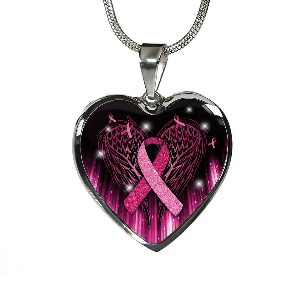 Breast Cancer Awareness Ribbon with Angel Wings Heart Pendant Necklace - Breast Cancer Survivor Pendant Necklace - Heart Luxury Necklace (Silver)