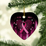 Breast Cancer Awareness Ribbon with Angel Wings Heart Ornament Keepsake