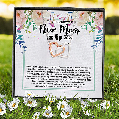 To An Amazing New Mom Welcome To The Greatest Journey Of Your Life Mom To Be 2021 Interlocking Hearts Pendant Necklace