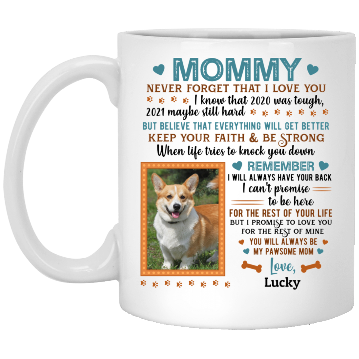 Personalized Photo Mommy Never Forget That I Love You Ceramic Coffee Mug - Beer Stein - Water Bottle, White, 11 oz. White Mug