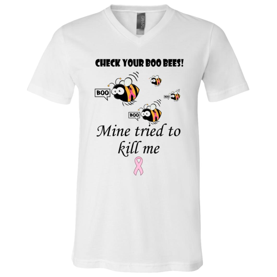 Check Your Boo Bees Mine Tried To Kill Me Shirt - Breast Cancer Shirts For Women, White, V-Neck T-Shirt