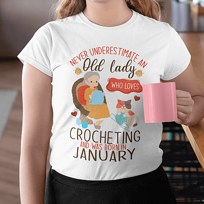 Alternative view of January Birthday Gift - Never Underestimate an January Old Lady Who Loves Crocheting T-Shirt - V-Neck
