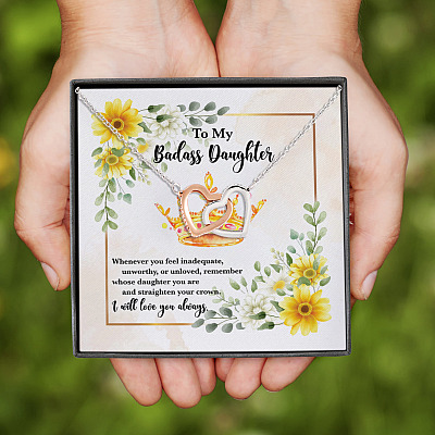 Alternative view of To My Badass Daughter Whenever You Feel Inadequate Interlocking Hearts Pendant Necklace