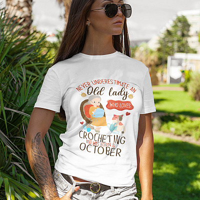 Alternative view of October Birthday Gift - Never Underestimate an Old Lady Who Loves Crocheting T-Shirt - V-Neck