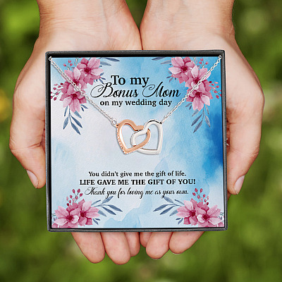Alternative view of To My Bonus Mom On My Wedding Day You Didn't Give Me The Gift Of Life Interlocking Hearts Pendant Necklace