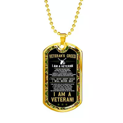 Veteran's Creed I'm A Veteran Camo Dog Tag Pendant Necklace - Veteran Necklace Gift - Dog Tag (Gold Plated)
