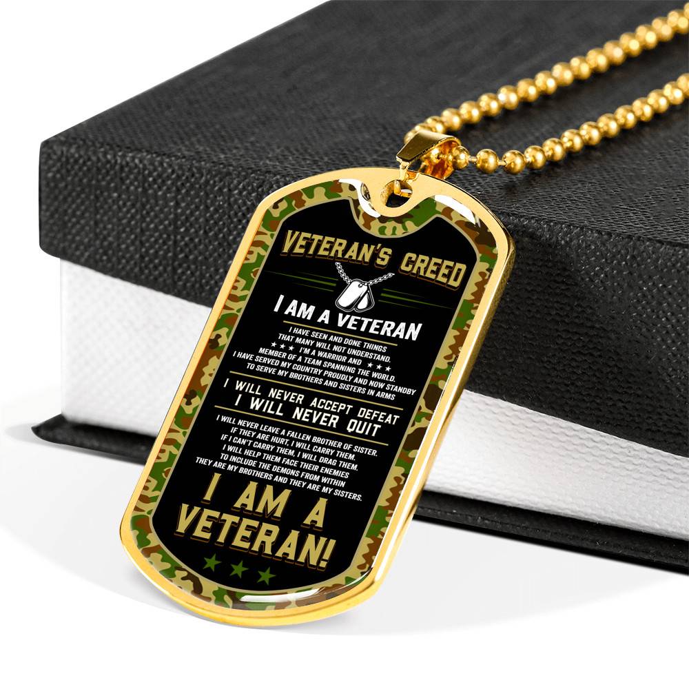 Veteran's Creed I'm A Veteran Camo Dog Tag Pendant Necklace - Veteran Necklace Gift - Dog Tag (Gold Plated)