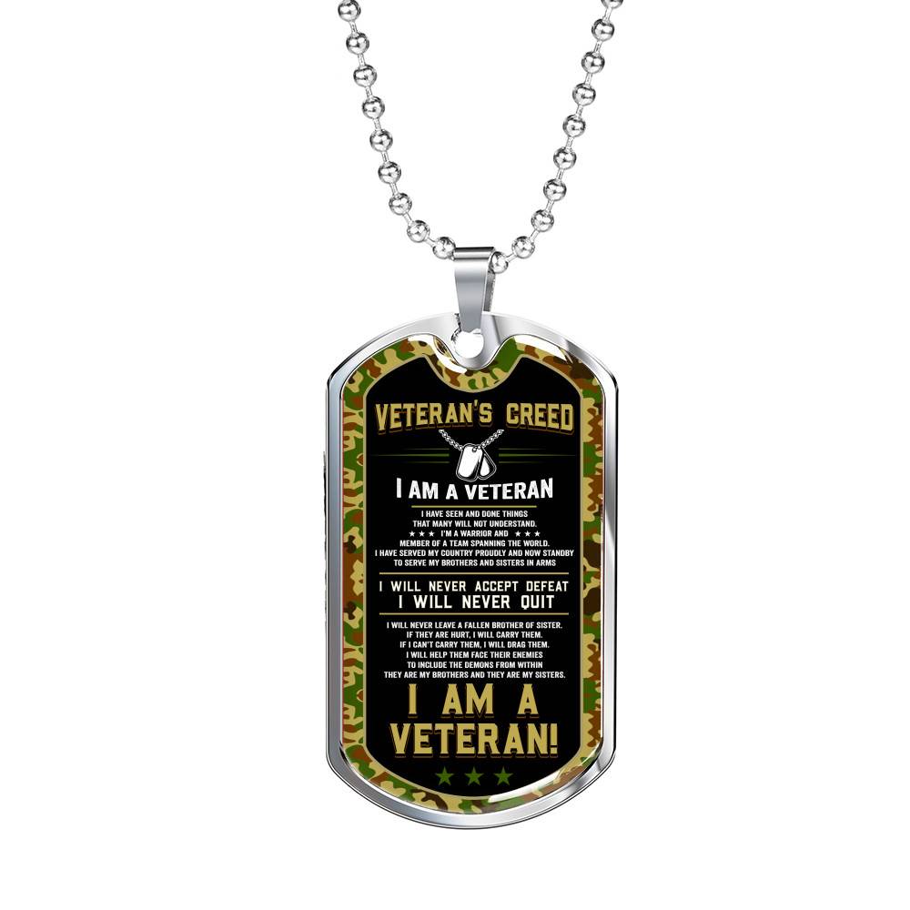 Veteran's Creed I'm A Veteran Camo Dog Tag Pendant Necklace - Veteran Necklace Gift - Dog Tag (Silver)
