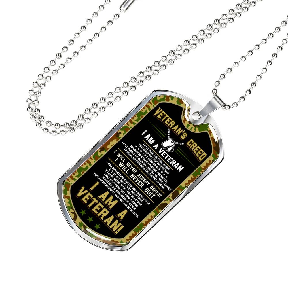 Veteran's Creed I'm A Veteran Camo Dog Tag Pendant Necklace - Veteran Necklace Gift - Dog Tag (Silver)