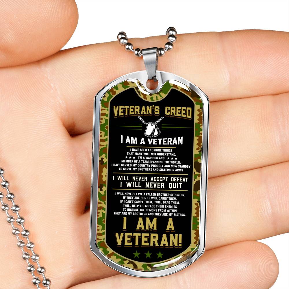 Veteran's Creed I'm A Veteran Camo Dog Tag Pendant Necklace - Veteran Necklace Gift - Dog Tag (Silver)