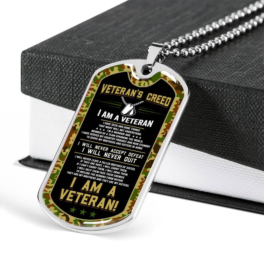 Veteran's Creed I'm A Veteran Camo Dog Tag Pendant Necklace - Veteran Necklace Gift - Dog Tag (Silver)