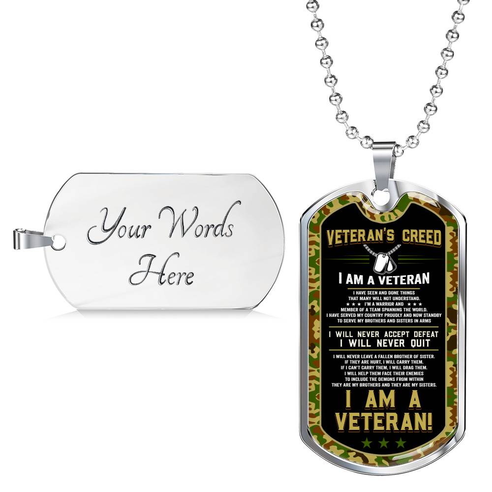 Veteran's Creed I'm A Veteran Camo Dog Tag Pendant Necklace - Veteran Necklace Gift - Dog Tag (Silver)