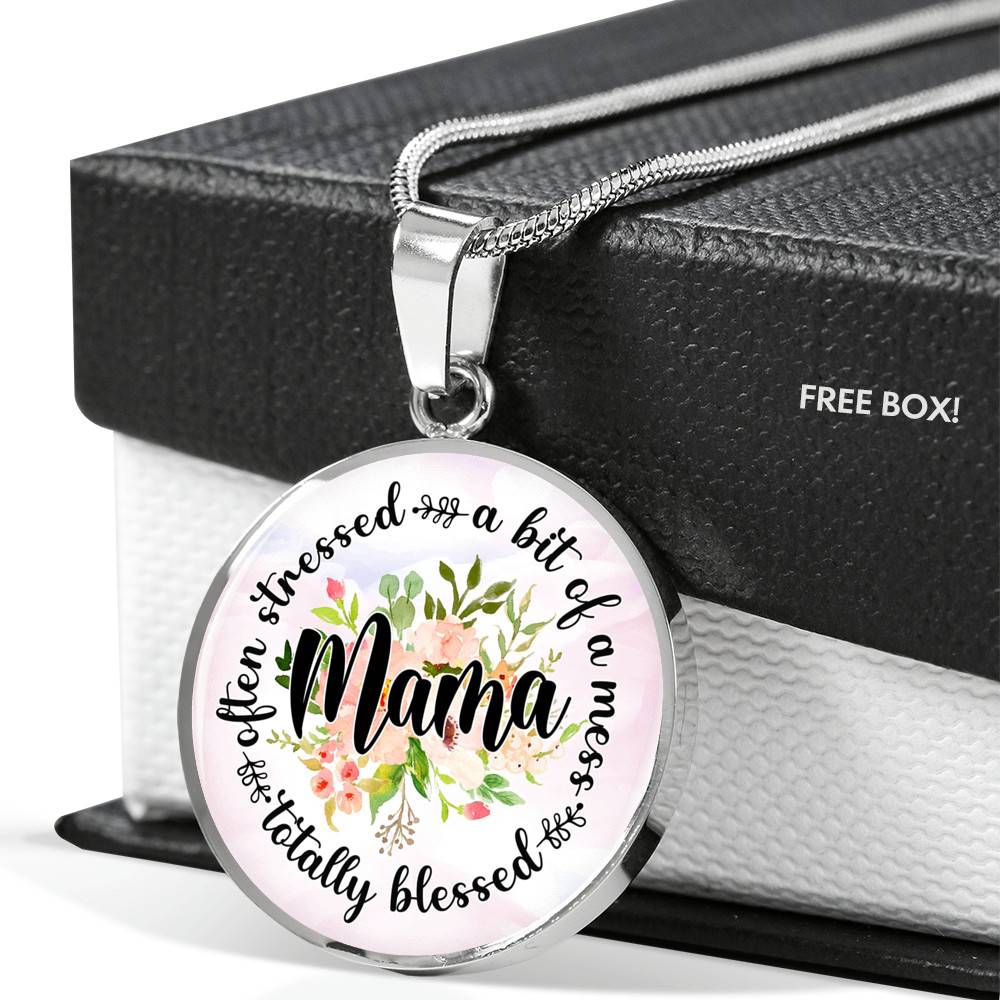 Often Stress A Bit Of Mess But Totally Blessed Mama Circle Pendant Necklace - Circle Luxury Necklace (Silver)