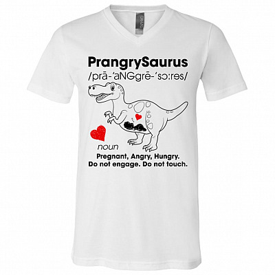 Prangrysaurus Pregnant Angry Hu V-Neck, White, V-Neck T-Shirt