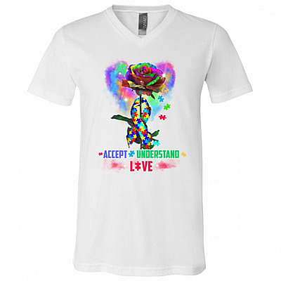 Autism Awareness Rose Accept Understand Love T-Shirt - V-Neck Tee - Autism Awareness Shirt, White, V-Neck T-Shirt