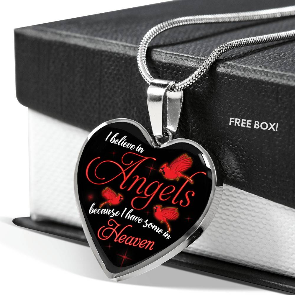 I Believe In Angels Because I Have Some In Heaven Red Cardinal Heart Pendant Necklace - Heart Luxury Necklace (Silver)