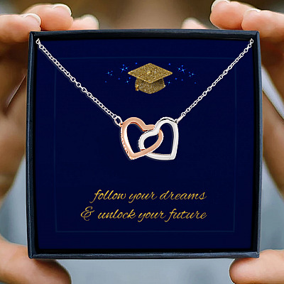 Happy Graduation Senior 2021 Follow Your Dreams And Unlock Your Future Interlocking Hearts Necklace Gift