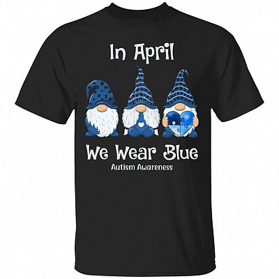 In April We Wear Blue Gnomes T-Shirt, Black, Unisex T-Shirt