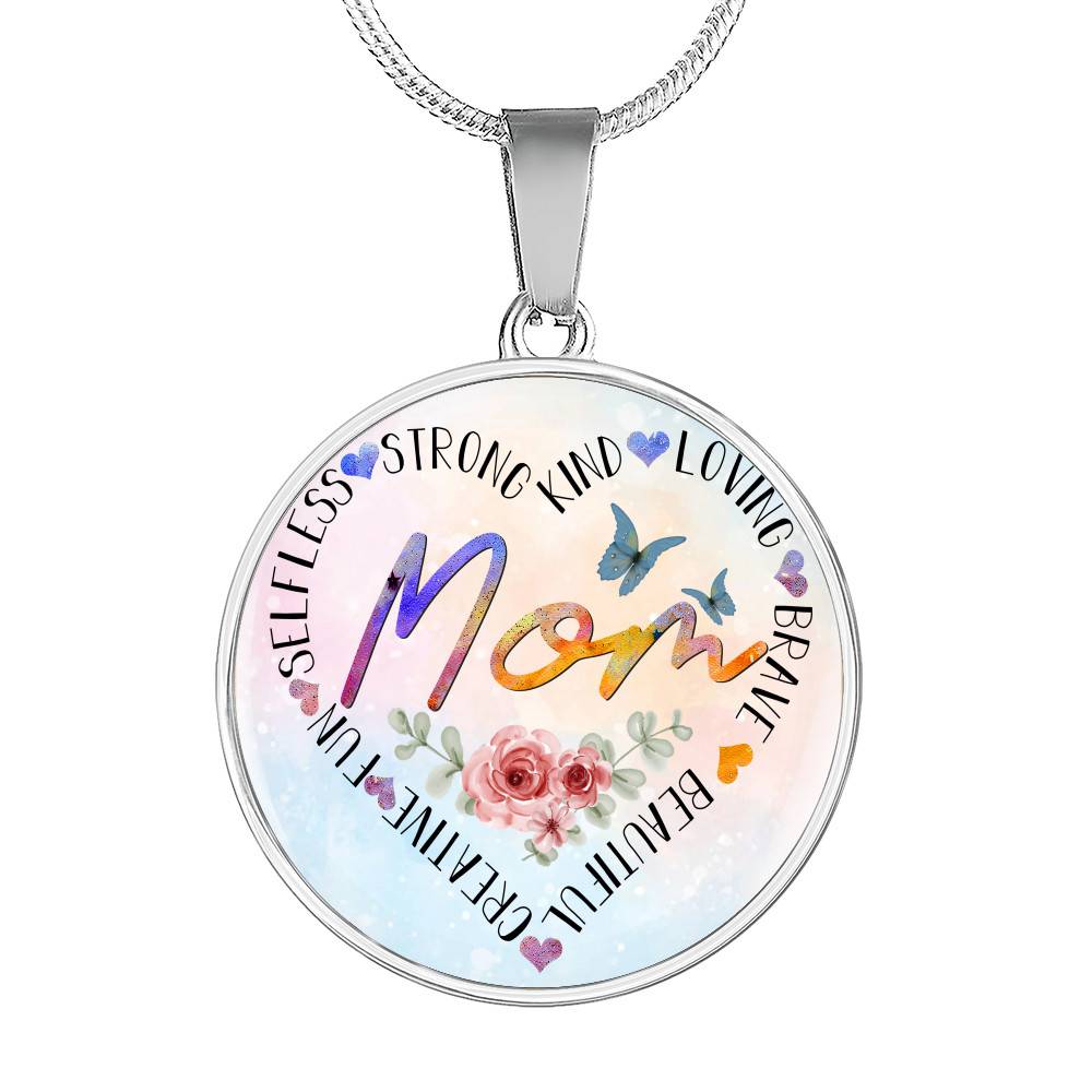 Mom Heart Words Circle Pendant Necklace - Circle Luxury Necklace (Silver)