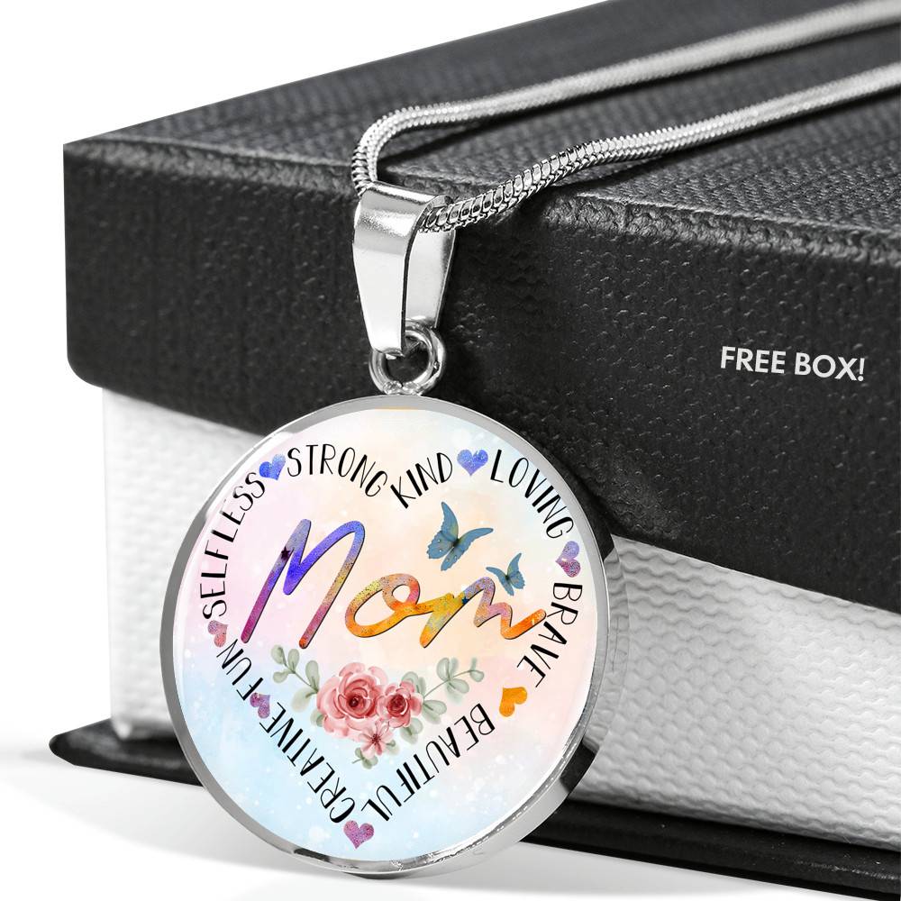 Mom Heart Words Circle Pendant Necklace - Circle Luxury Necklace (Silver)