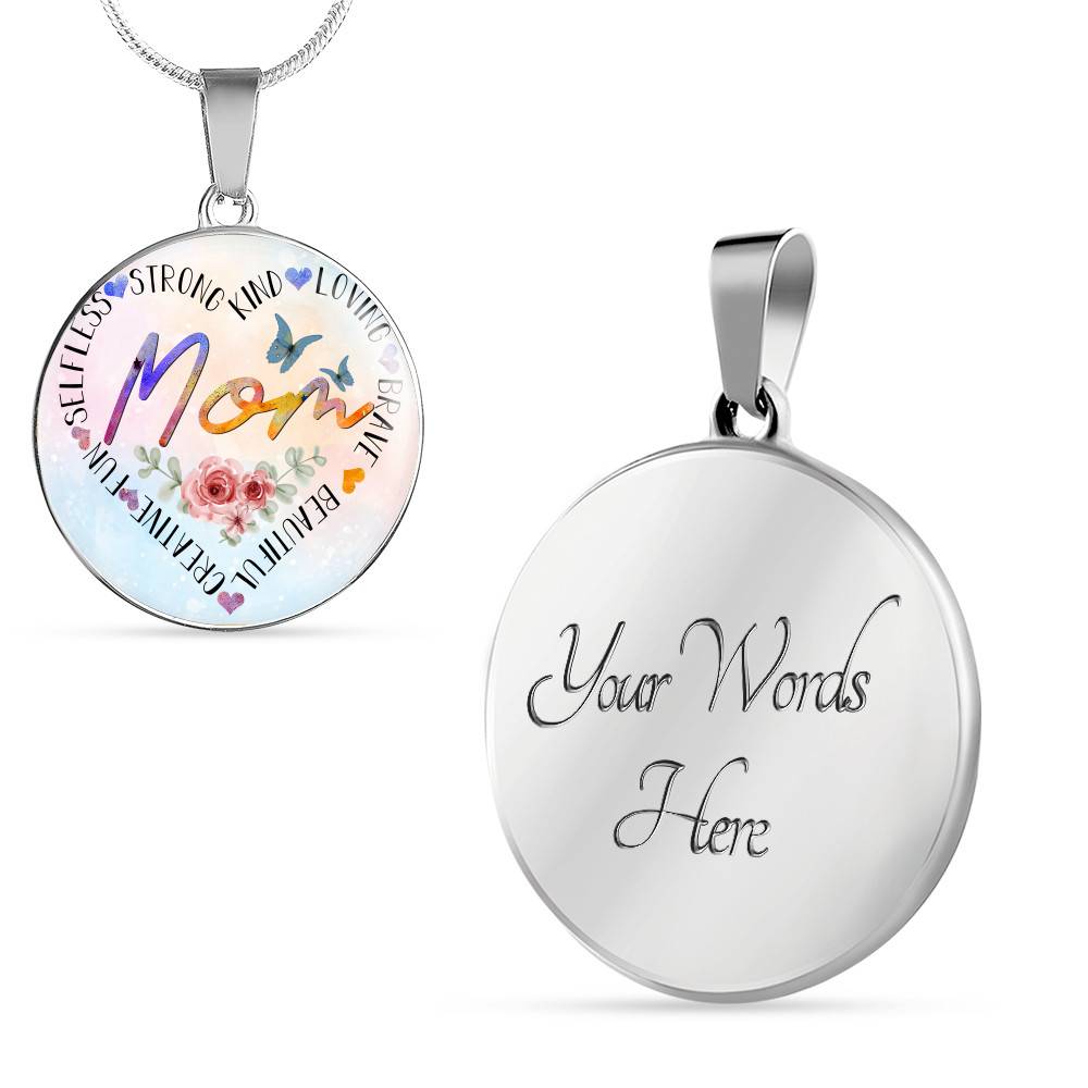 Mom Heart Words Circle Pendant Necklace - Circle Luxury Necklace (Silver)