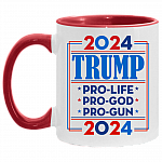 Trump 2024 Pro Trump Pro Gun Pro God - Anti Biden Accent Mug, White/Red, 11 oz. Accent Mug