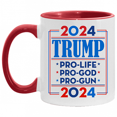 Trump 2024 Pro Trump Pro Gun Pro God - Anti Biden Accent Mug, White/Red, 11 oz. Accent Mug