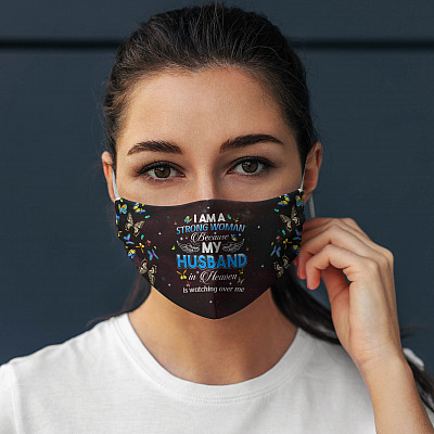 Alternative view of I Am A Strong Woman Because My Husband in Heaven Is Watching Washable Reusable Custom Printed Cloth Face Mask