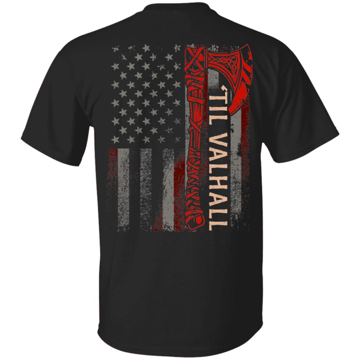 Vintage Till Valhall America Flag Print On Back T-Shirt, Black, Unisex T-Shirt