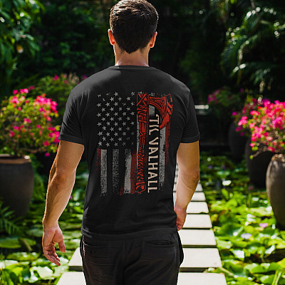 Alternative view of Vintage Till Valhall America Flag Print On Back T-Shirt