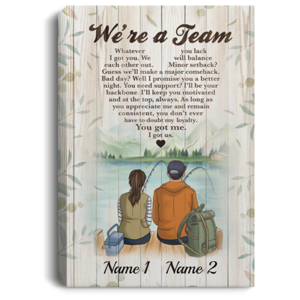 Personalized Fishing Lover Couple Framed Canvas - We're a Team Unframed Poster, White, 0.75'' Framed Canvas