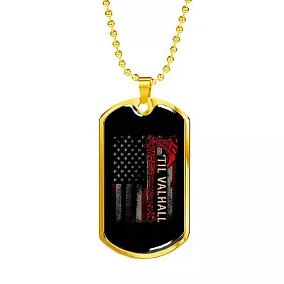 Vintage Till Valhall America Flag Dog Tag Pendant Necklace - Dog Tag (Gold Plated)