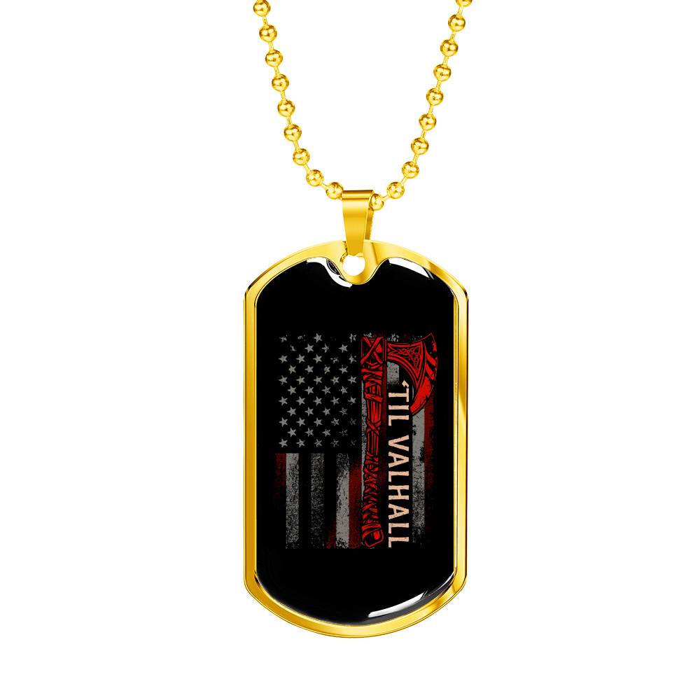 Vintage Till Valhall America Flag Dog Tag Pendant Necklace - Dog Tag (Gold Plated)