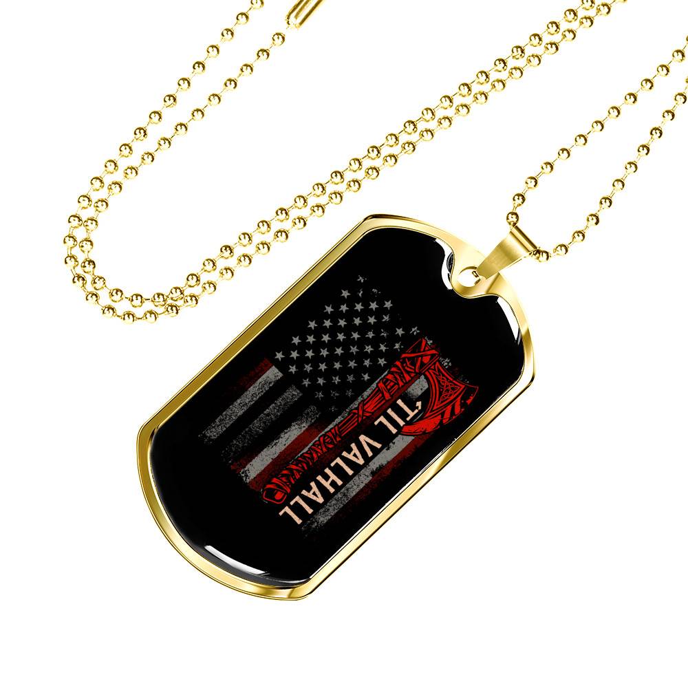 Vintage Till Valhall America Flag Dog Tag Pendant Necklace - Dog Tag (Gold Plated)