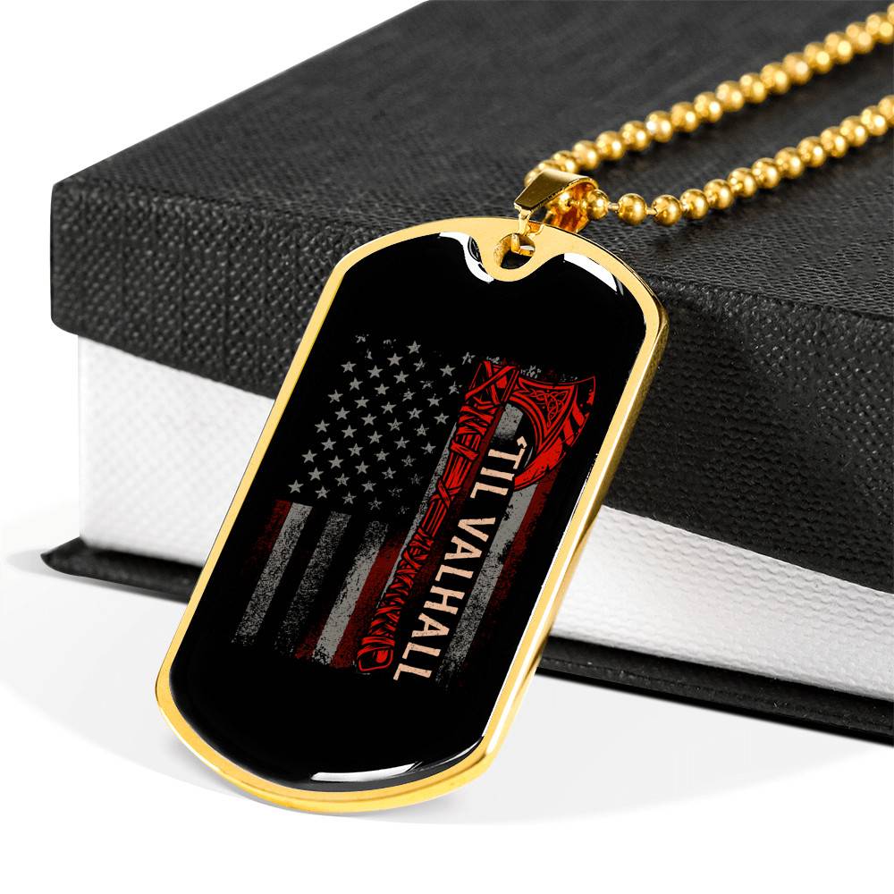 Vintage Till Valhall America Flag Dog Tag Pendant Necklace - Dog Tag (Gold Plated)