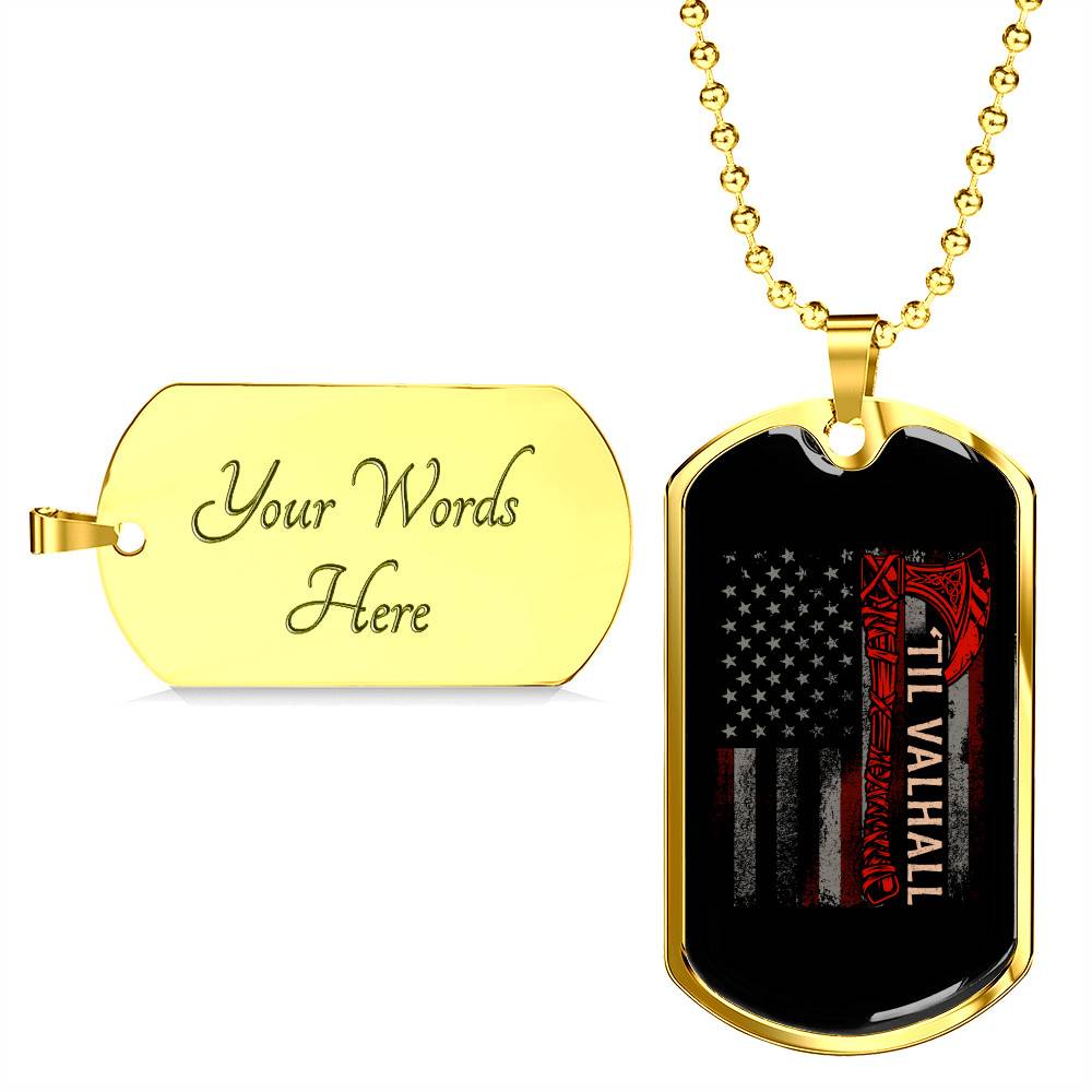 Vintage Till Valhall America Flag Dog Tag Pendant Necklace - Dog Tag (Gold Plated)