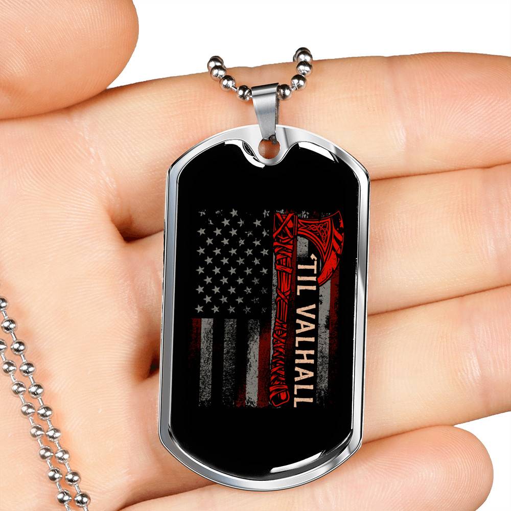 Vintage Till Valhall America Flag Dog Tag Pendant Necklace - Dog Tag (Silver)