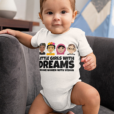 Alternative view of Little With Dreams Become Women With Vision Baby Onesie - Baby Infant Bodysuit - Feminist Onesie For Girls