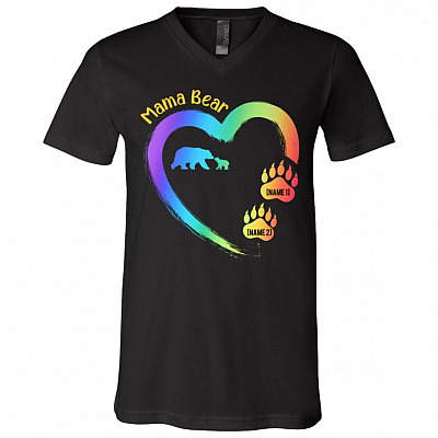 Personalized Mama Bear, Black, V-Neck T-Shirt