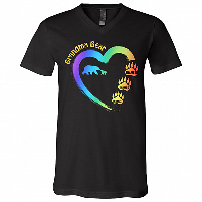 Personalized Grandma Bear, Black, V-Neck T-Shirt